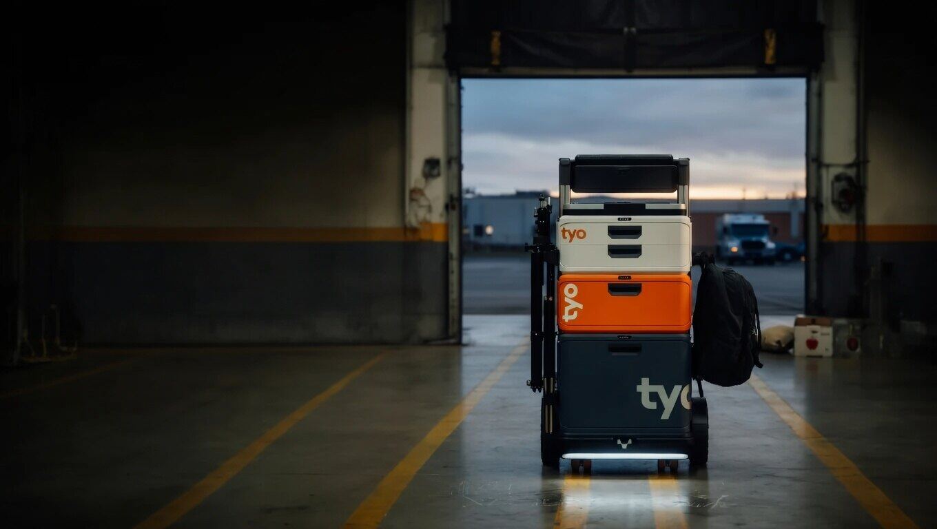 Tyo Worksystem stack at warehouse loading dock at dusk