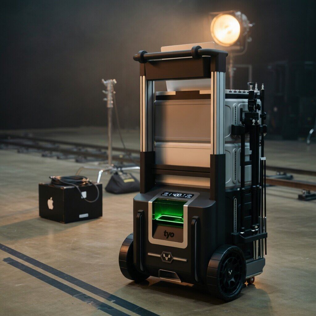 Tyo Worksystem with integrated step stool, rooftop with city skyline